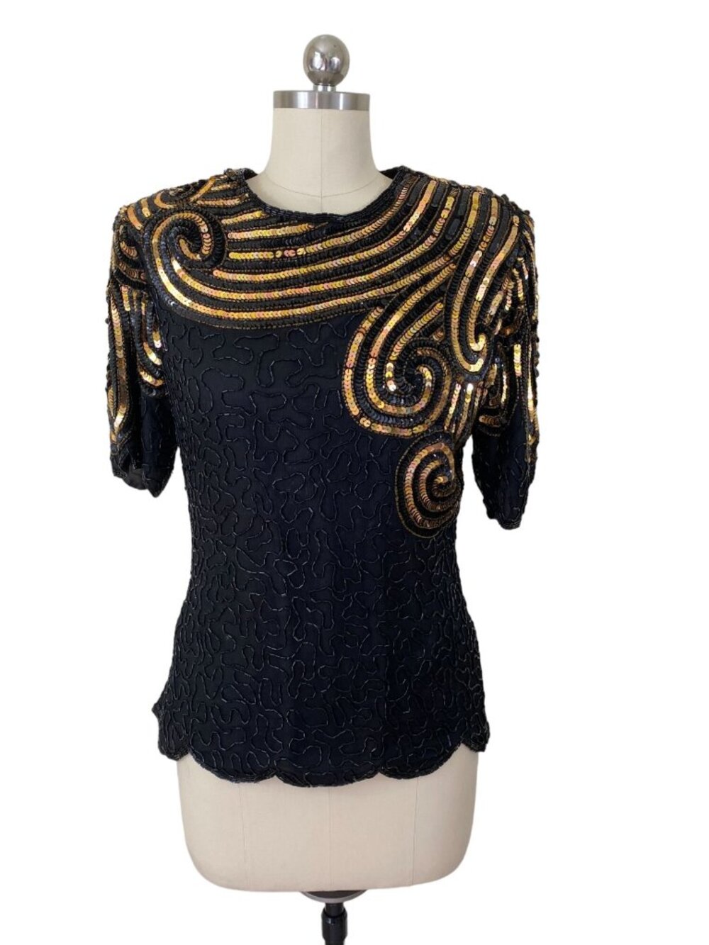 Stenay VTG Womens Sequin Evening Blouse Medium Black Gold 1980sGlam Maximalist